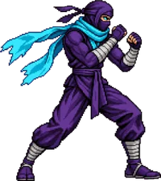 Vex, ninja roxo com cachecol azul esvoaçante e faixas nos braços, em guarda