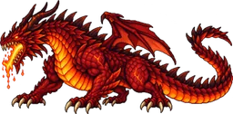 Dragão de Brasa, um dragão vermelho de escamas e asas com fogo saindo da boca