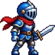 Cavaleiro de elmo azul com capa vermelha e espada, o herói do jogo